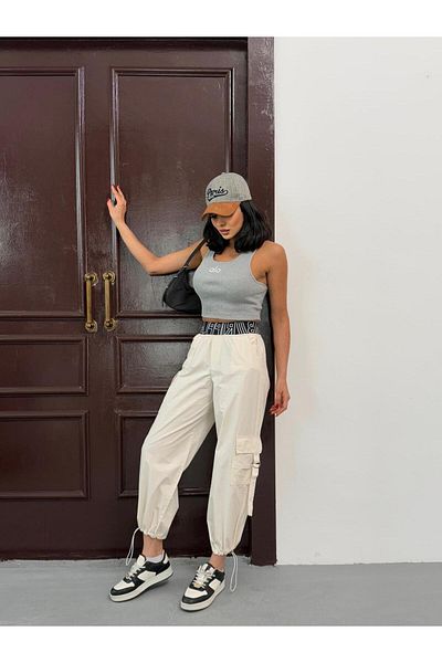 Zeo Basic Parachute Fabric Beige Cargo Pants with Waist Lettering and Elastic Legs