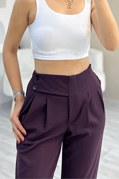 Paw Garage Women's Cleo High Waist Elastic Back Side Double Button Fabric Trousers