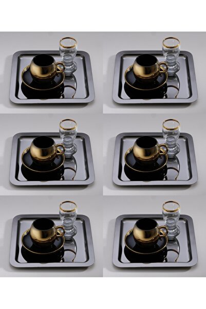 SİNİ Paslanmaz Çelik 6 Adet Kare Lüx Siyah Kahve, Çay Sunum Servis Tepsisi