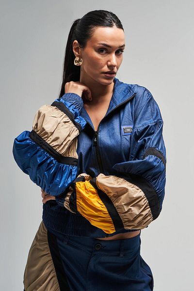 its basic Women's Dark Blue Color Patchwork Fabric Loose Cut Design Jacket