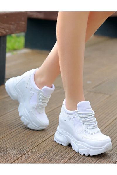 Afilli Pantofi sport pentru femei, alb BemWhite, cu talpă înaltă ascunsă, cu toc cu platformă, pantofi sport casual