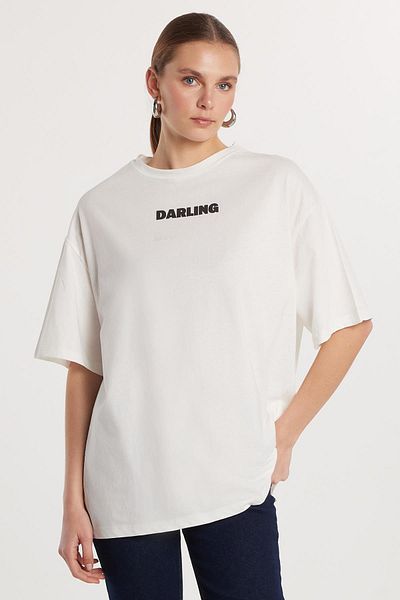 Tudors Women's Regular Fit Short Sleeve 100% Cotton Printed Crew Neck Ecru T-Shirt