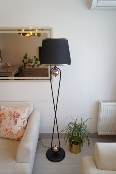retro home design Sekiz Model Siyah Gold Detaylı Şapkalı Siyah Modern Tasarım Ayaklı Abajur Lamba Metal Lambader