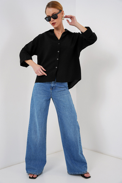 Bigdart Kadın Oversize Kısa Kol Gömlek 20315 - Siyah