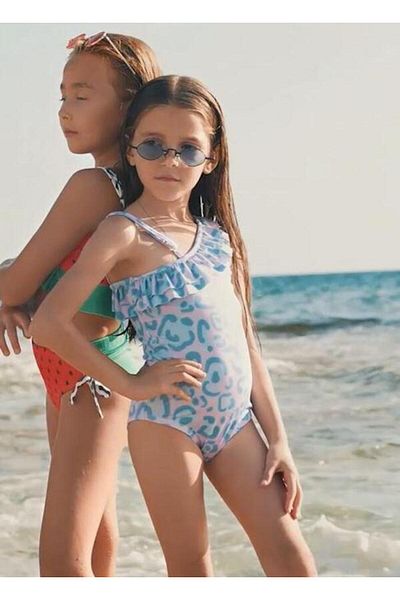 YUMİYUMM Girl's Leopard Patterned Ruffled Purple Swimsuit
