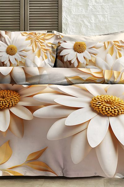 MonoHome 100% Cotton Ranforce Dowry Luxury 5D Digital Double Duvet Cover Set Daisy