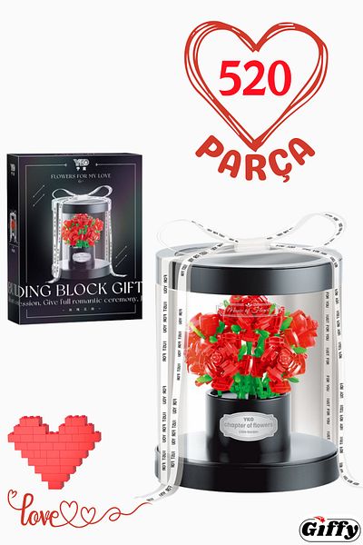 giffy Romantic 🌹 Flower Building Block Set Boxed Red Rose with Pot and Box Gift for Lover 520 Pieces of Flowers