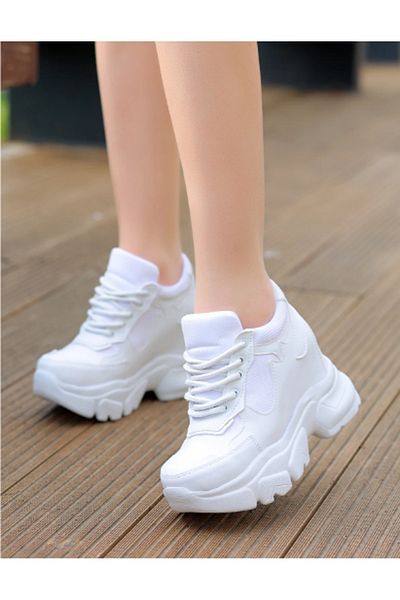 Afilli Pantofi sport pentru femei, alb BemWhite, cu talpă înaltă ascunsă, cu toc cu platformă, pantofi sport casual