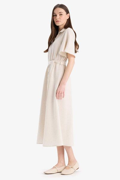 DeFacto New Season Shirt Collar Linen Blended Short Sleeve Dress