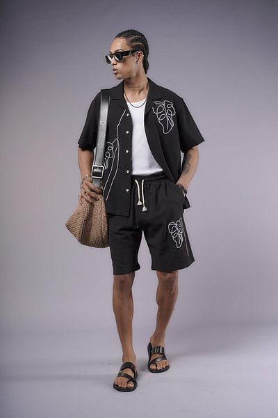 king brich Embroidery Detailed Cotton Linen Shorts Set