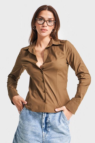 its basic Women's Khaki Color Stretch Fabric Slim Fit Waist Fitted 100% Cotton Shirt