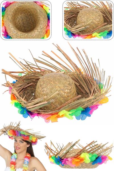 ReilaParty Hawaii Luau Aloha Straw Hat Colorful Floral Tassel Natural Knitted Model Rp4943