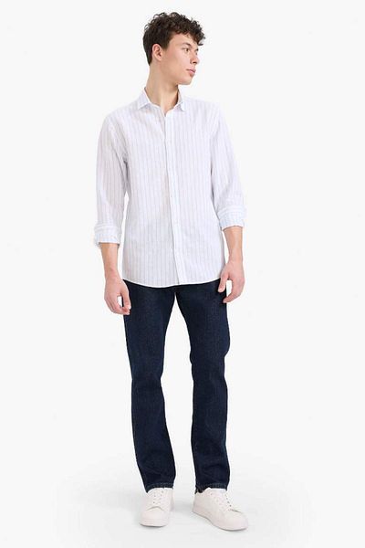 DeFacto New Season Regular Fit Polo Neck Striped Linen Summer Long Sleeve Shirt