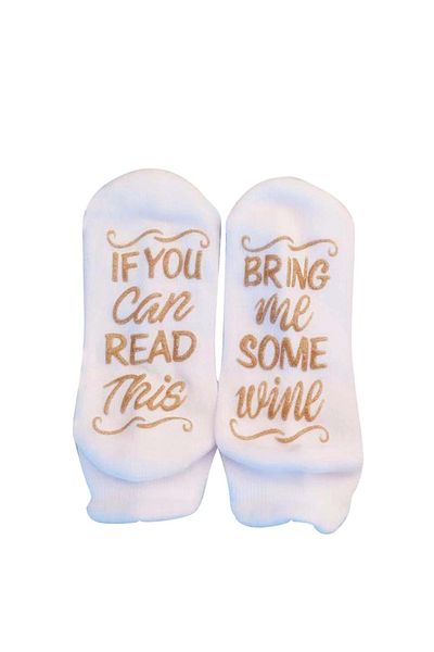 OEM Funny Bring Me Wine socks, white with gold message, size 35-39, gift for any occasion
