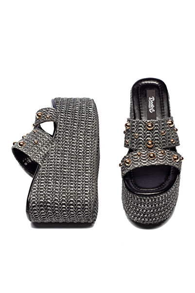 Dedos Women's Straw Knitted Buckle High Platform Heeled Slippers 2225
