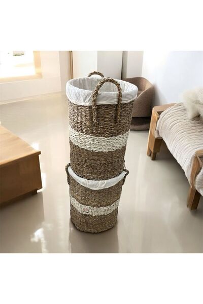 SepetçiBaba 2-Piece Wicker Basket - Laundry Basket - Saddle - General Purpose Basket - 1012