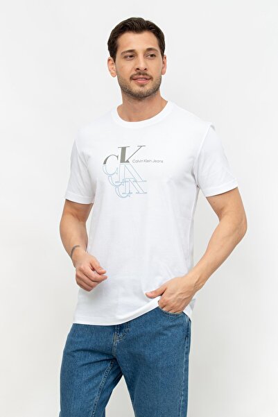 Calvin Klein Men's Logo Organic Cotton Crew Neck Short Sleeve White T-shirt J30j325352-fiber