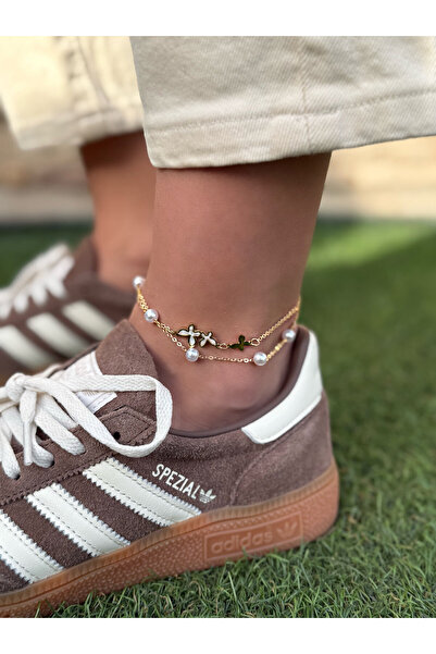 AychaAksesuar çelik kelebekli incili çift sıra çelik halhal