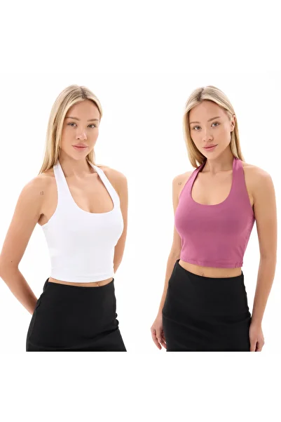 vesantia 2-Piece White Dusty Rose Halter Crop