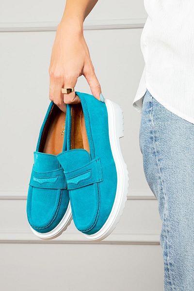 Deery Pantofi de damă Mocasini din piele intoarsa autentica turcoaz