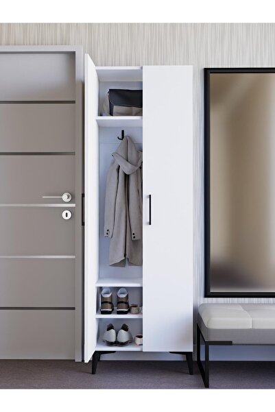 Detamob Askılıklı, Ayakkabılıklı 2 Kapaklı Beyaz Portmanto | %100 MDF Raflı Modern Vestiyer (VST05)