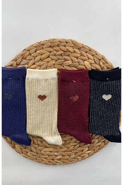 DoDe Flora Women's Silvery Striped Heart Patterned Socks 4 Pairs Saradonna