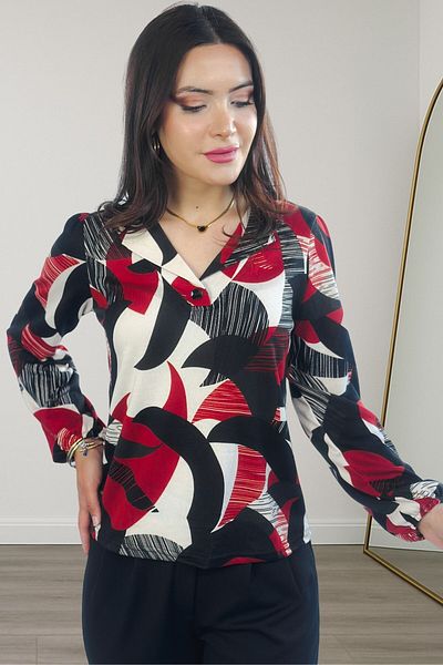 Kübra Tekstil Lupinn Fashion Women Black Red Modern Pattern V Neck Long Sleeve Chic Blouse