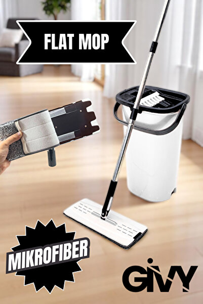 GİVY İzmir Luna Beyaz Flat Mop – Mikrofiber Tablet Mop 360° Dönebilen Saplı T...