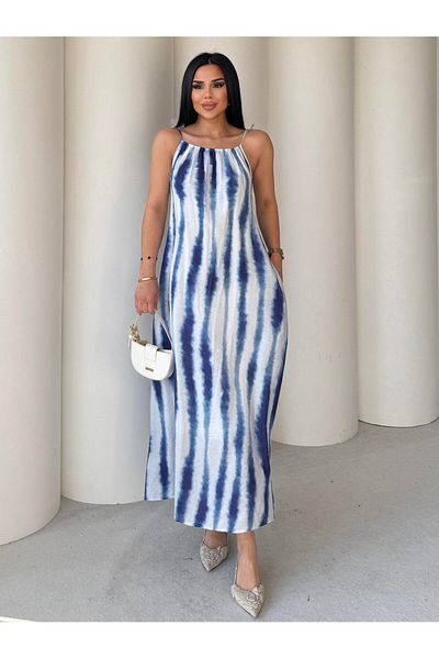HARMONY GLOBAL Rochie lungă de vară cu model Tie Dye, albastru și alb, cu bretele de mărgele 7318