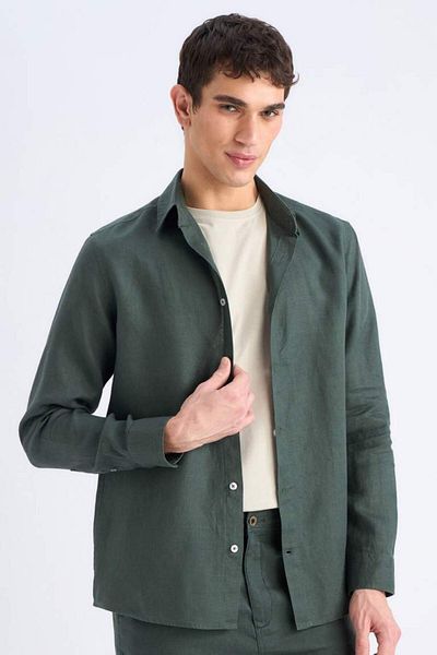DeFacto New Season 100% Linen Regular Fit Polo Neck Summer Long Sleeve Shirt