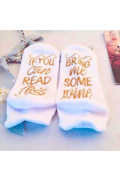 OEM Funny Bring Me Wine socks, white with gold message, size 35-39, gift for any occasion