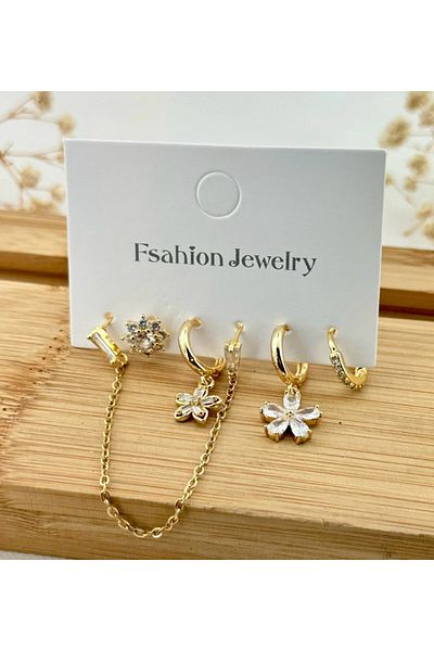 AychaAksesuar Steel Vip Series Flower Object with Chain Set of 6 Earrings