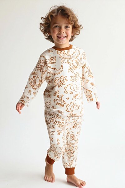 Zeyland Unisex Çocuk Desenli Pijama Takımı - Hardal