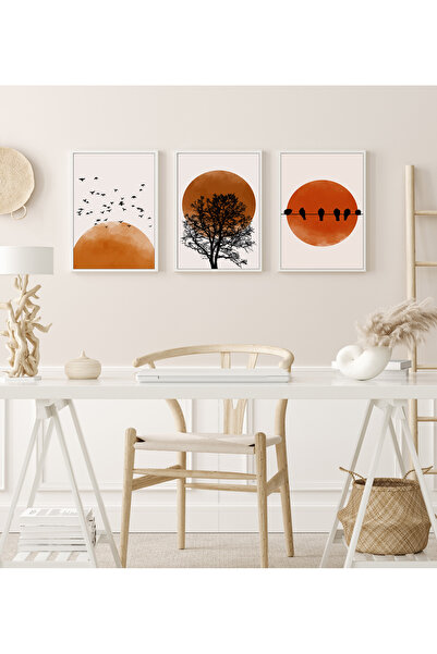 bestablo Kuş ve Güneş Silüeti Çerçeveli Ahşap Tablo Seti Bestablo
