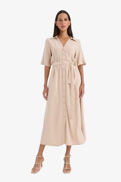 DeFacto New Season Shirt Collar Belted Short Sleeve Midi Dress
