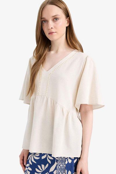 DeFacto New Season Regular Fit V Neck Linen Blended Short Sleeve Blouse
