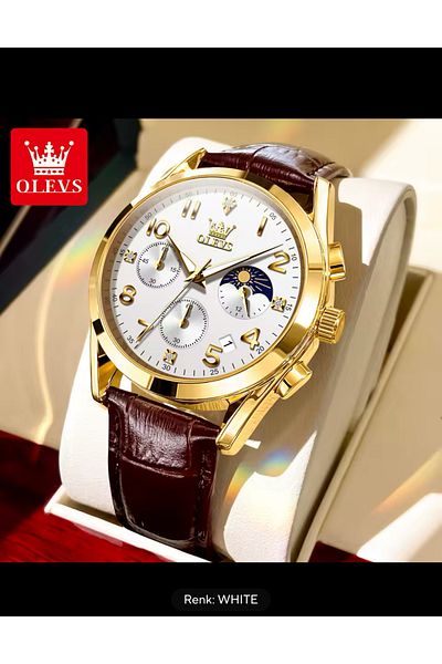 OLEVS Gold Case a Touch of Elegance to Time Men's Wristwatch Leather Cord 324