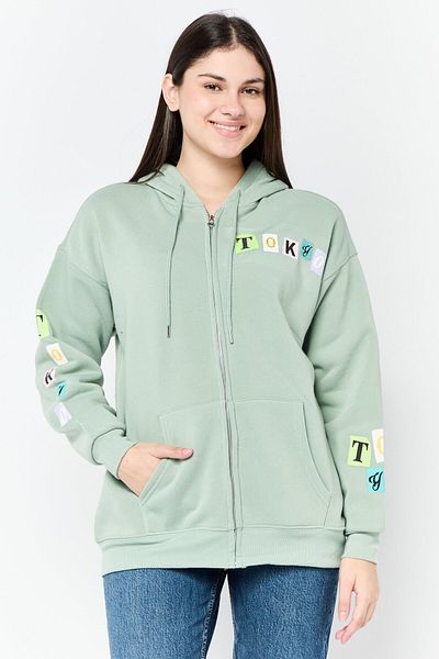 No Comment Women Graphic Print Long Sleeve Full Zip Hoodie, Sage Green