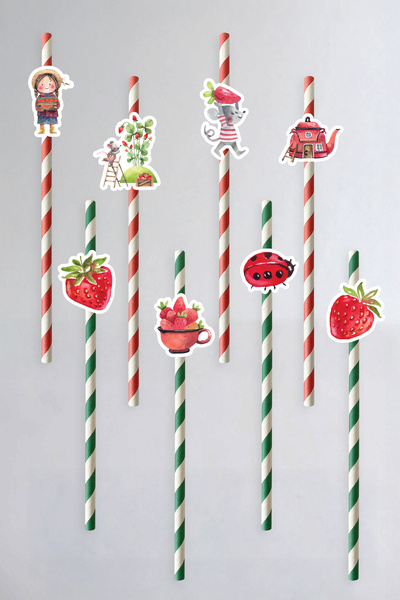 Pretty Çilek Konseptli Çilek Kız ve Sevimli Fareler Figürlü Renkli Kağıt Pipet Seti (8 adet)