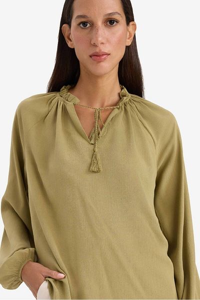 DeFacto Μακρυμάνικη μπλούζα New Season Regular Fit Lace Up Collar Crinkle Fabric