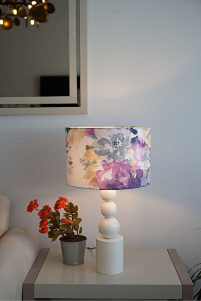 retro home design Krem Özel Ayaklı Mor Çiçek Desenli Silindir Şapkalı Dekoratif Masa Lambası Abajur