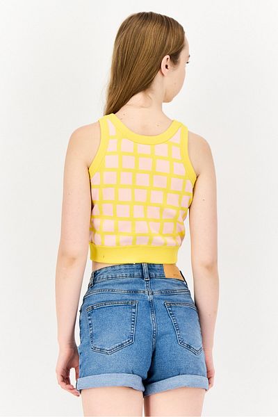 Esprit Women Round Neck Sleeveless Windowpane Pattern Cropped Top, Multicolor
