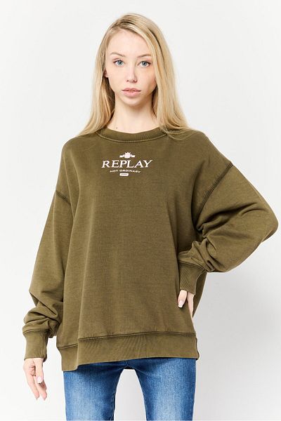 Replay Women Crew Neck Long Sleeves Brand Logo Sweatshirt, Army