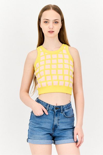 Esprit Women Round Neck Sleeveless Windowpane Pattern Cropped Top, Multicolor