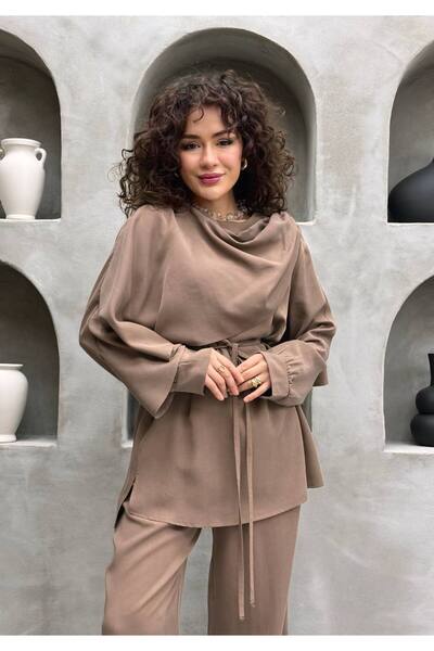 Molly Nelly Women's Shawl Collar Modal Trousers Blouse Set