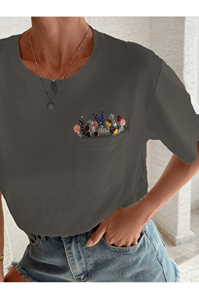 PALPİTO Tricou oversize cu imprimeu cu buzunar floral afumat pentru femei