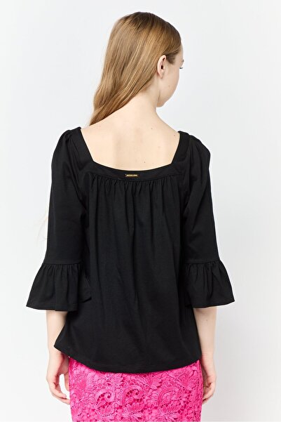Michael Kors Women Square Neck Elbow Sleeve Plain Blouse, Black