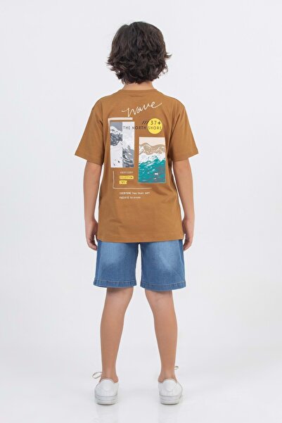 wakawakakidsstore Αγορικό Σετ με Τυπωμένο Τζιν Σορτς - Καφέ - Ηλικία 11-12 ετών