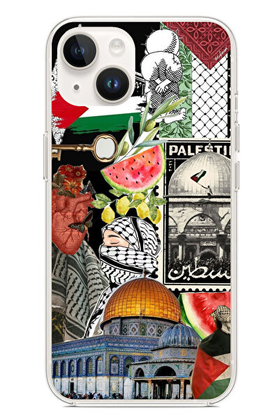 TechTree iPhone 13 - 14 Uyumlu Filistin Özgürlük Kolajı Şeffaf Silikon Kılıf
