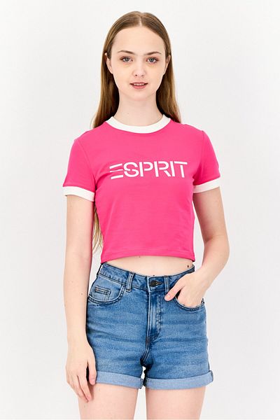 Esprit Women Crew Neck Short Sleeve Brand Logo Crop T-shirt, Pink